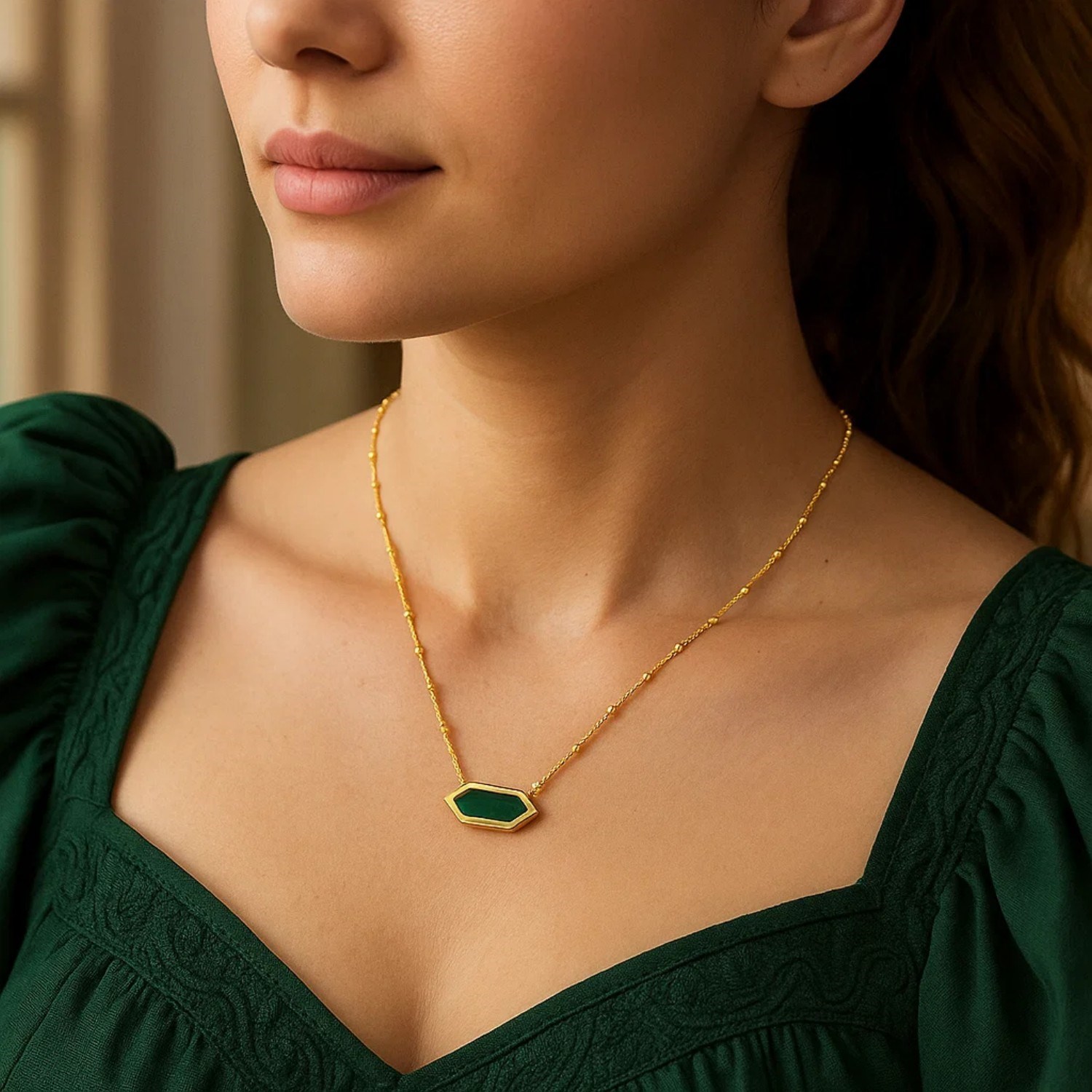 14K Yellow Gold Hexagon Malachite Pendant Necklace - Image 3