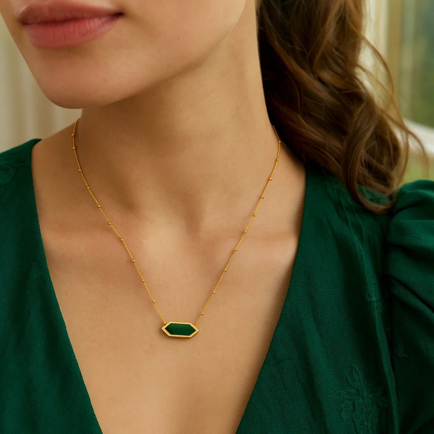 14K Yellow Gold Hexagon Malachite Pendant Necklace - Image 4