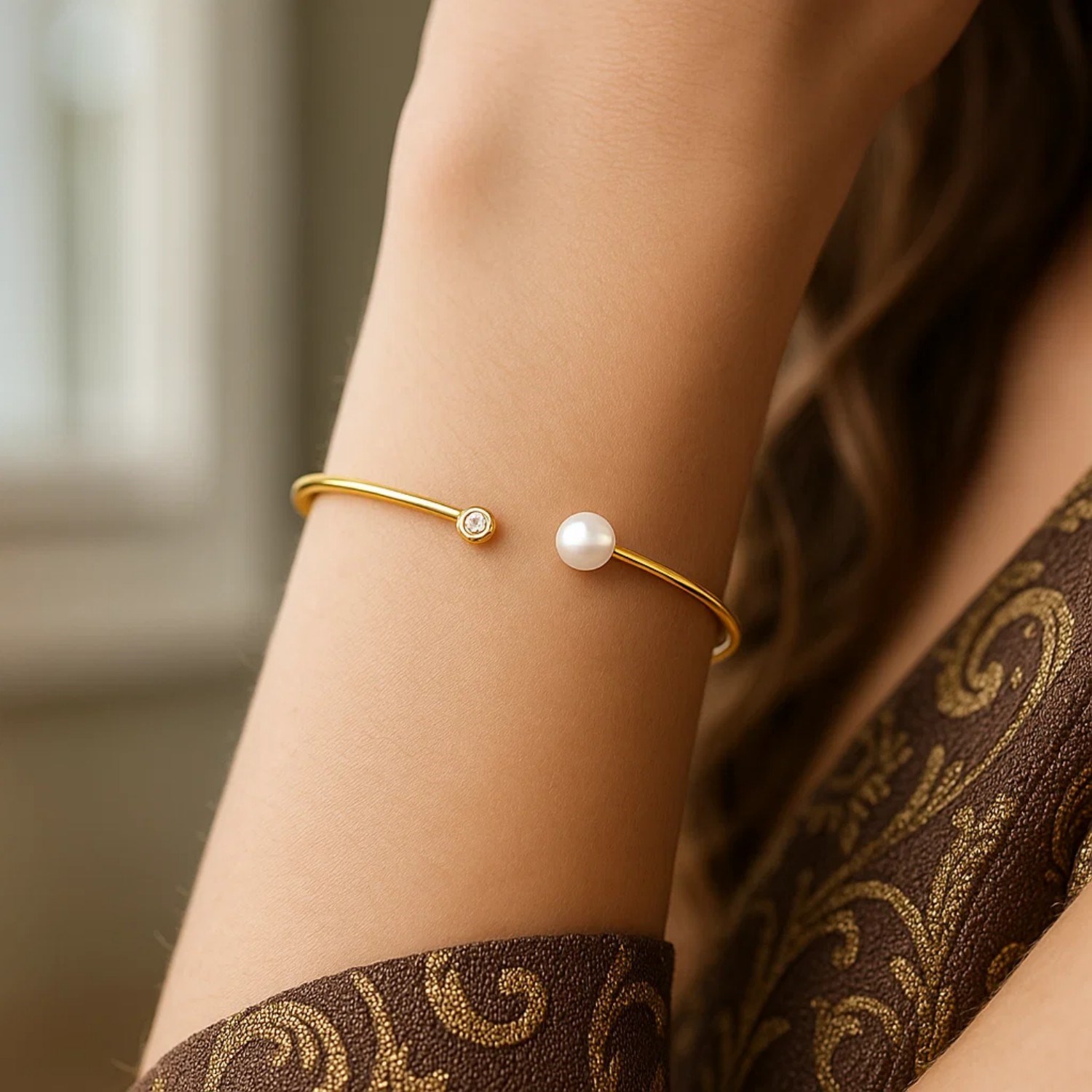 14k Yellow Gold Cuff Bangle with Pearl and Diamond (3.00 mm) - Image 3