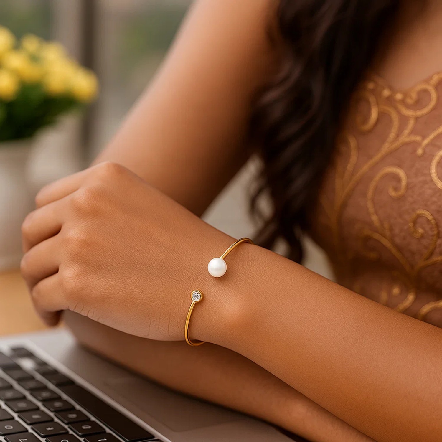 14k Yellow Gold Cuff Bangle with Pearl and Diamond (3.00 mm) - Image 4