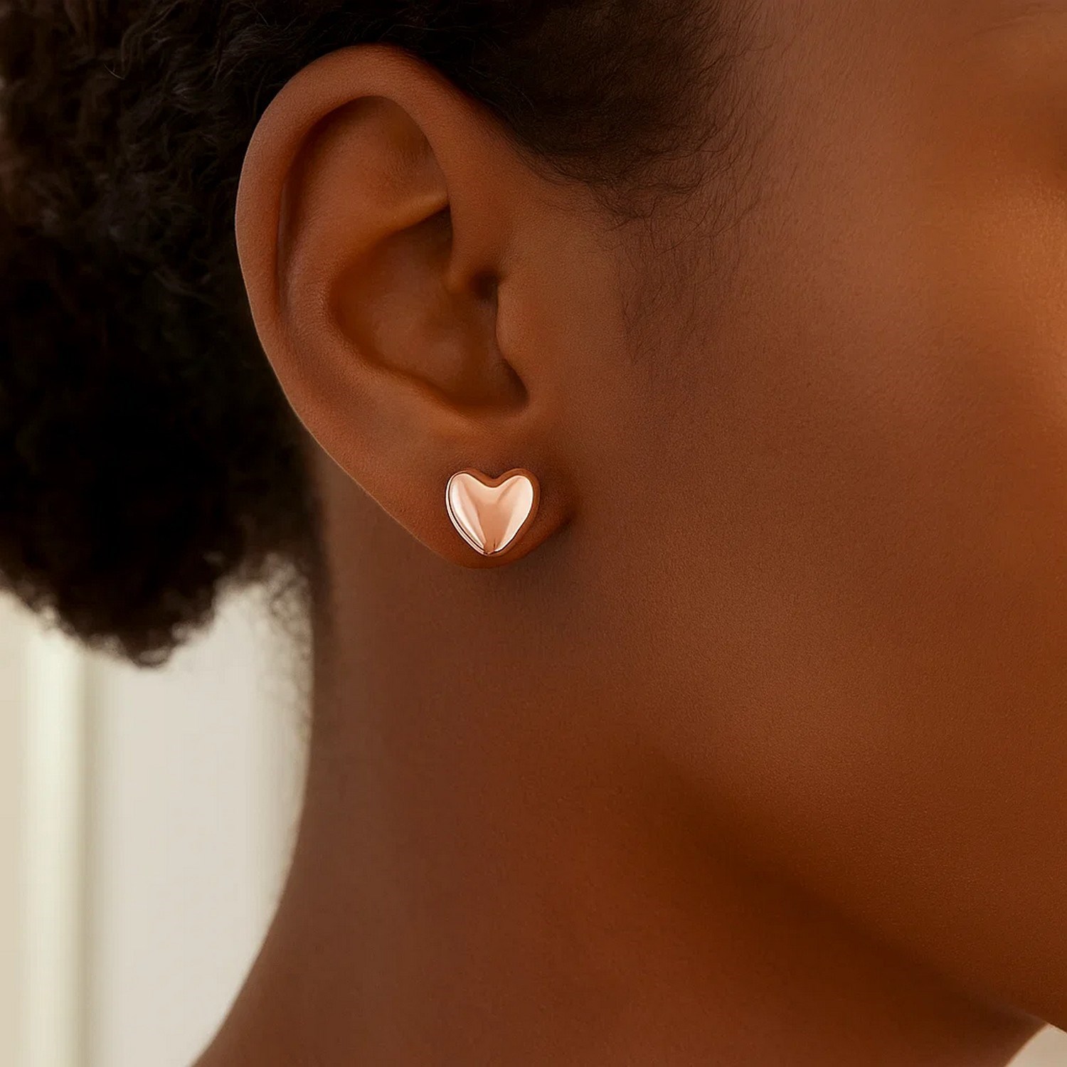 14k Rose Gold Puffed Heart Shape Shiny Earrings - Image 3