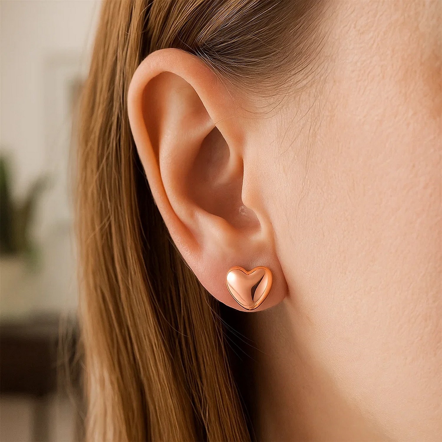 14k Rose Gold Puffed Heart Shape Shiny Earrings - Image 4