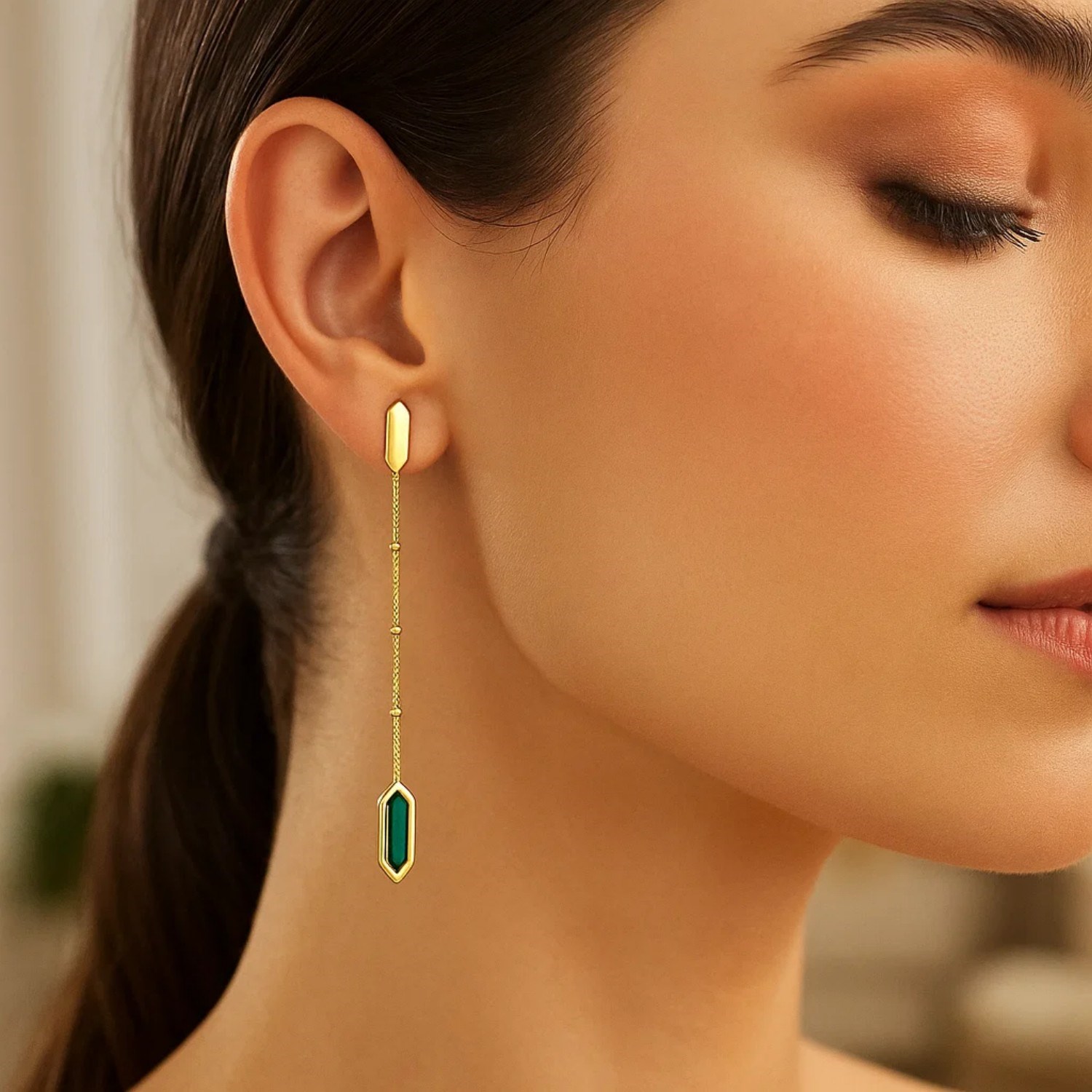 14K Yellow Gold Hexagon Malachite Drop Earrings - Image 3