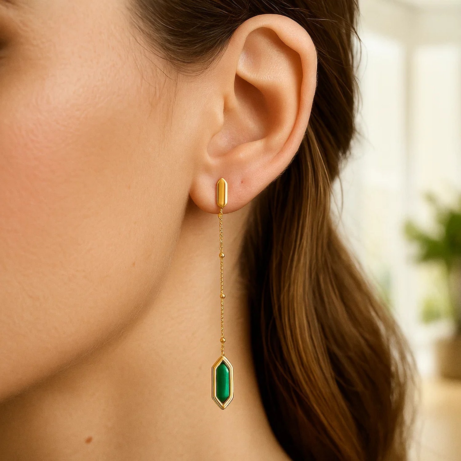 14K Yellow Gold Hexagon Malachite Drop Earrings - Image 4