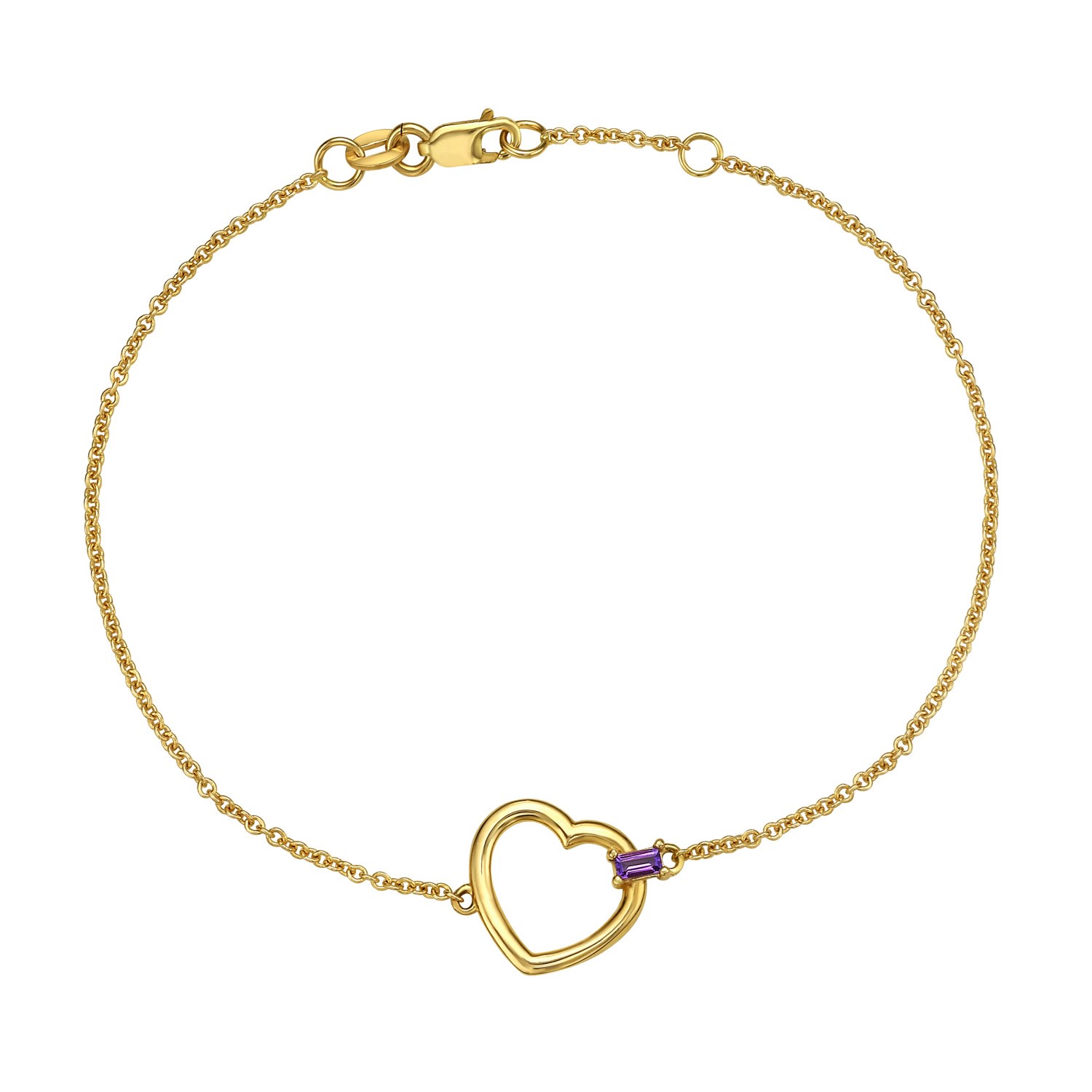 Amethyst Baguette Heart Bracelet in 14K Yellow Gold