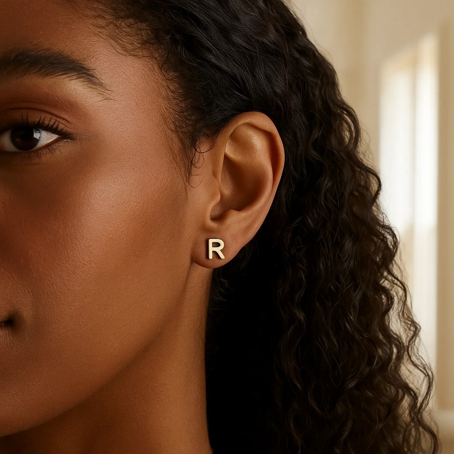 14K Yellow Gold Yours Truly Initial R Stud Earrings - Image 3