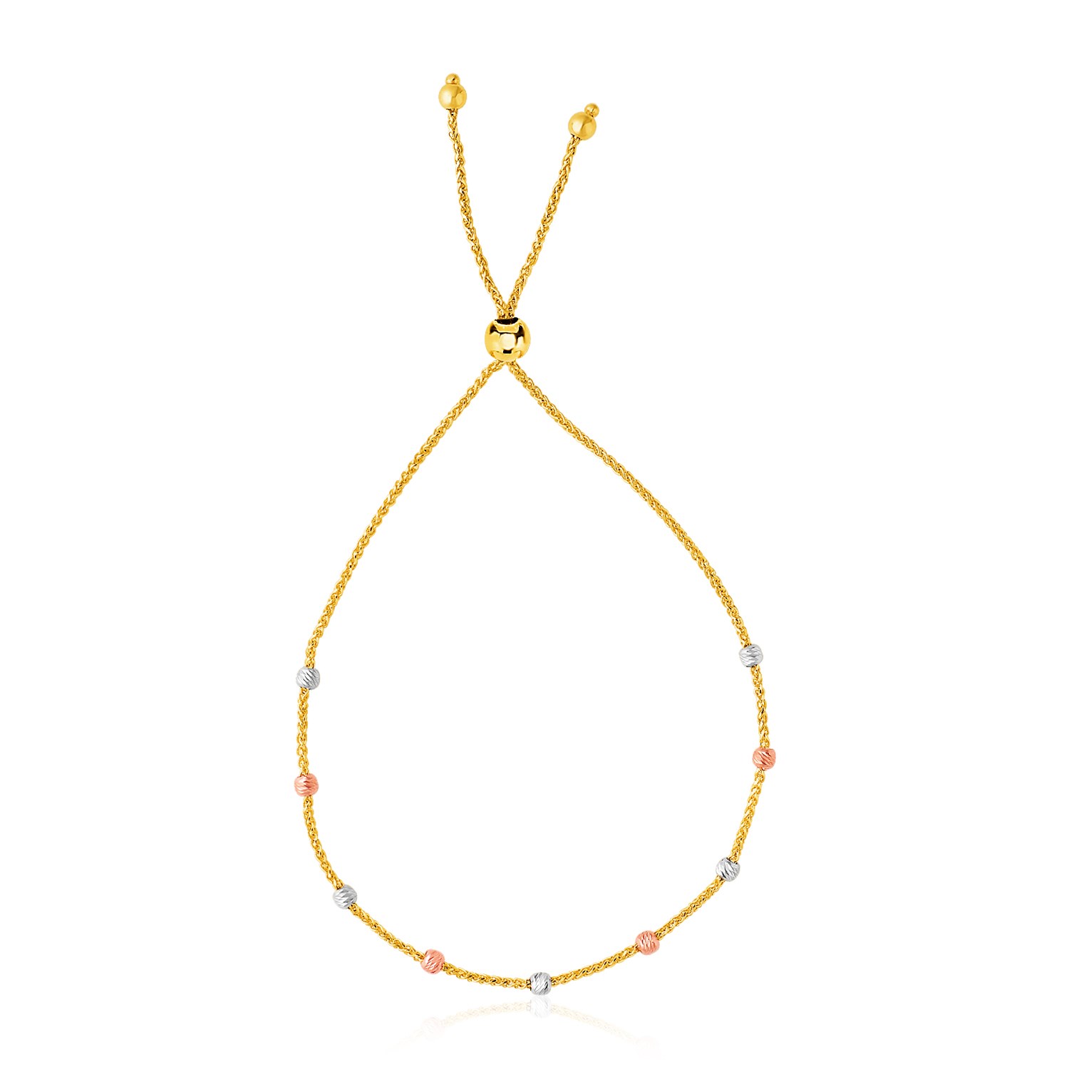 14k Tri-Color Gold Textured Bead Station Lariat Bracelet (5.00 mm)
