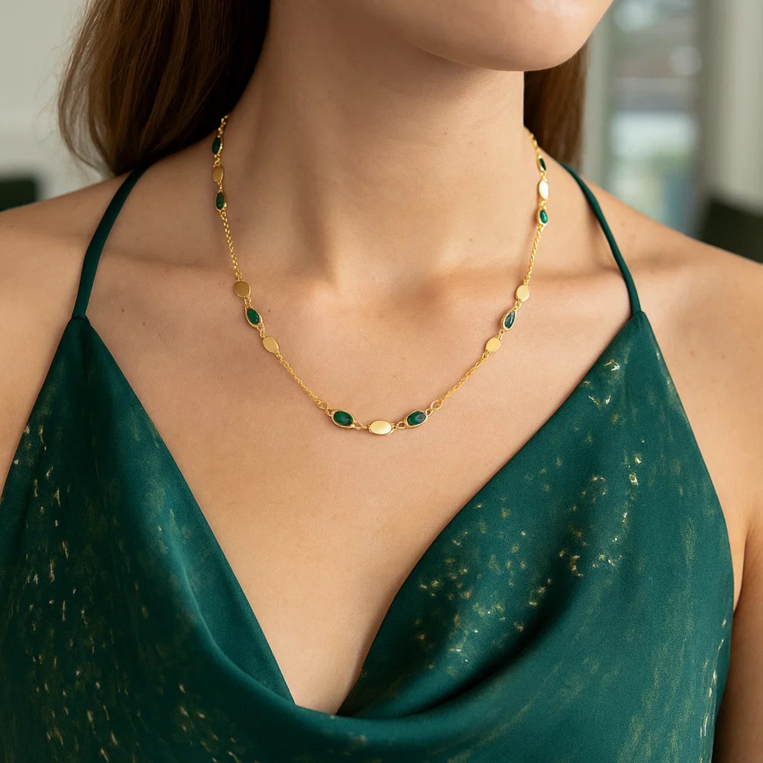 14K Yellow Gold Hexagon Malachite Inlay Links Necklace - Image 3