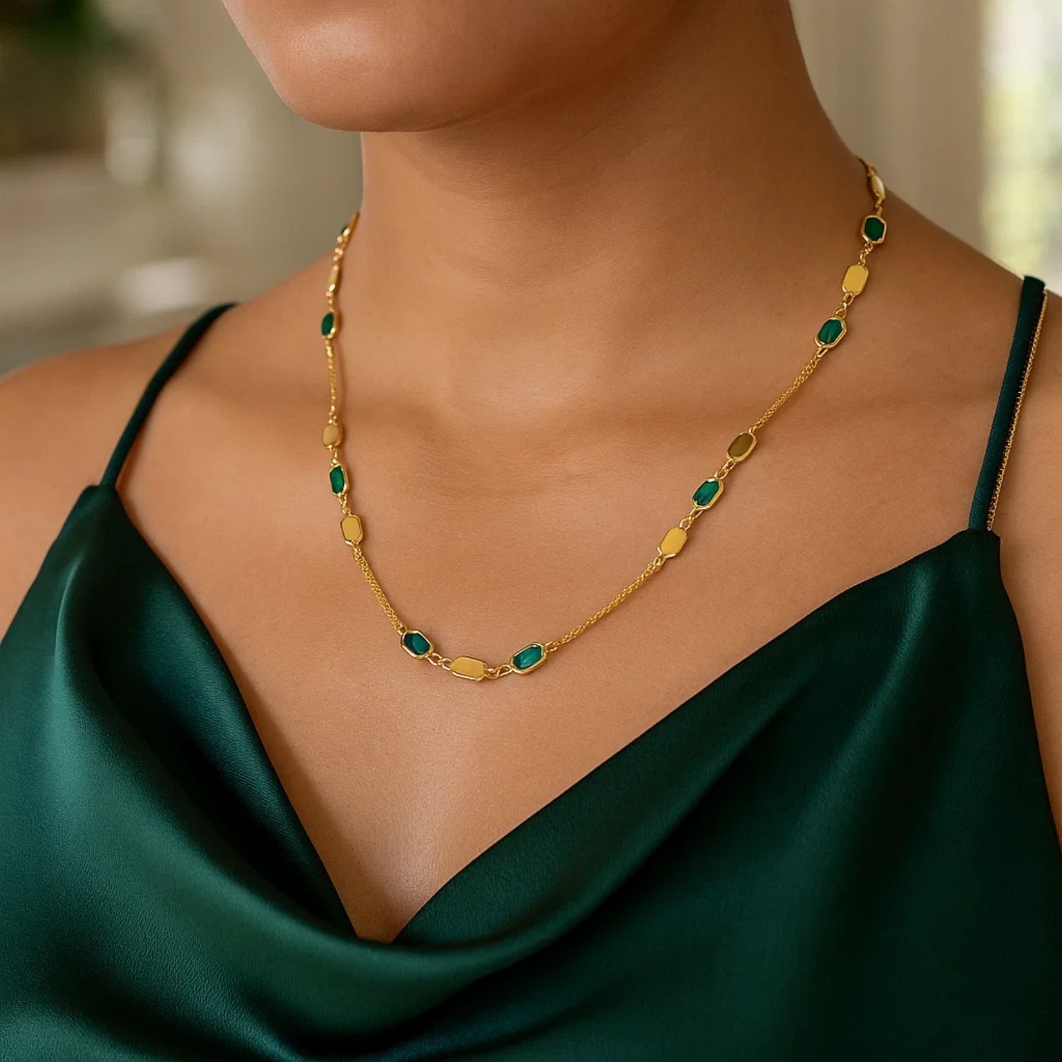 14K Yellow Gold Hexagon Malachite Inlay Links Necklace - Image 4