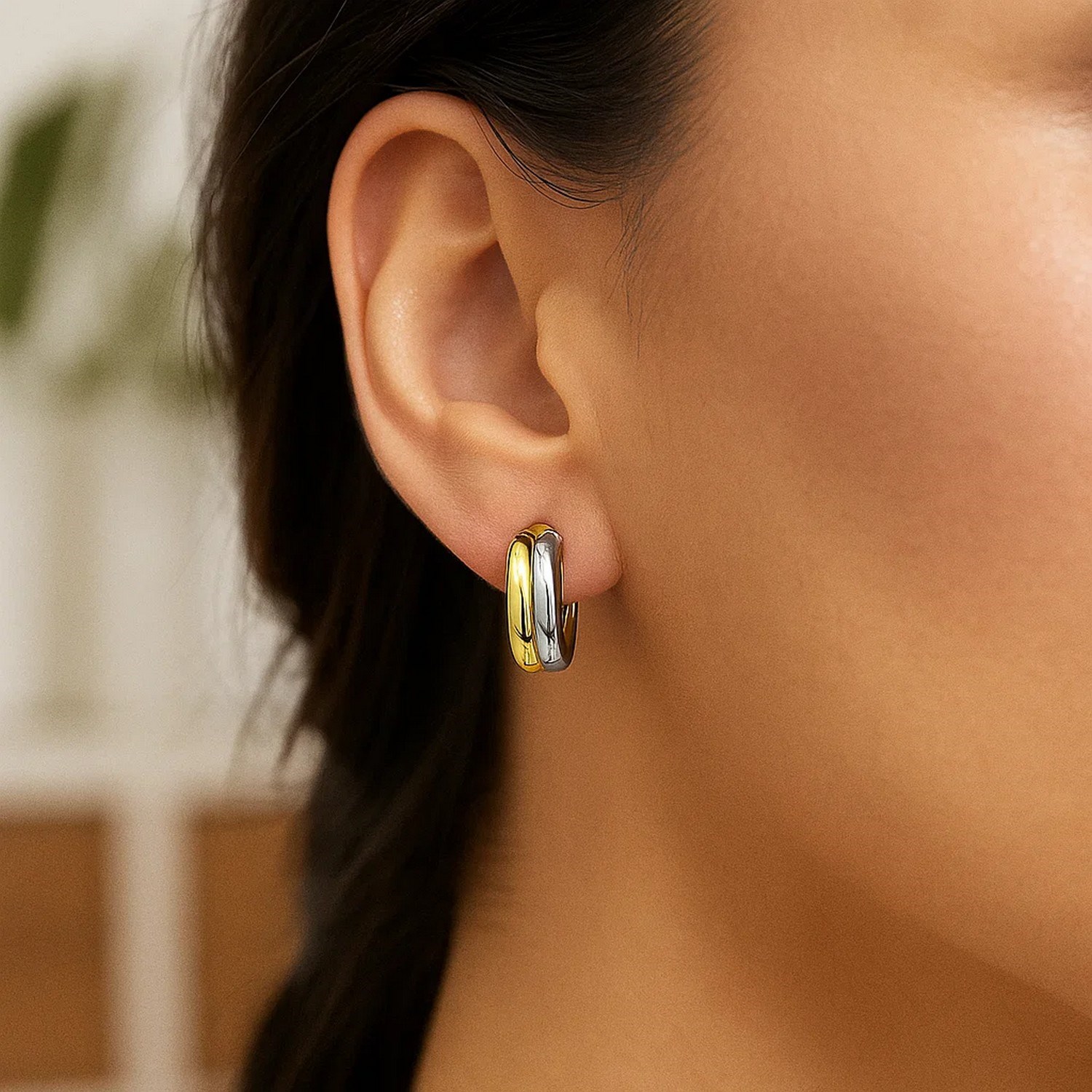 14k Two Tone Gold Double Round Hoops - Image 4