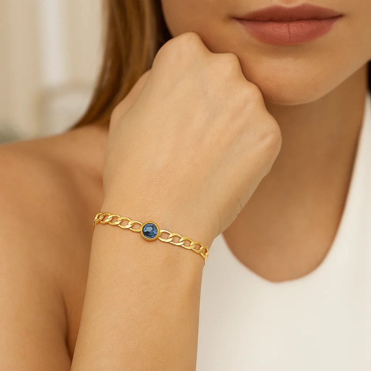 14K Yellow Gold Blue Topaz Curb Chain Bracelet (3.60 mm) - Image 3